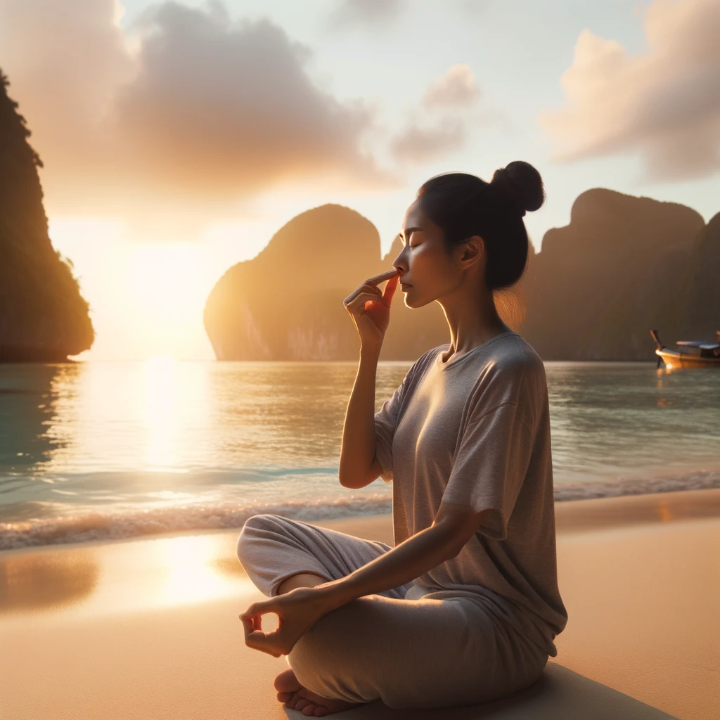 Photo of a serene beach setting at sunset, with a person of Asian descent, sitting cross-legged, deeply inhaling through their nose