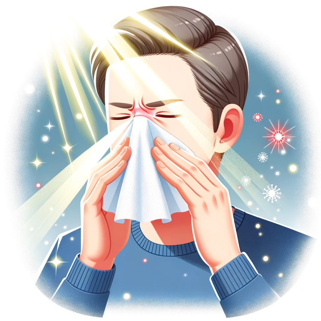 Person sneezing from pollen, nasal strip on nose providing relief