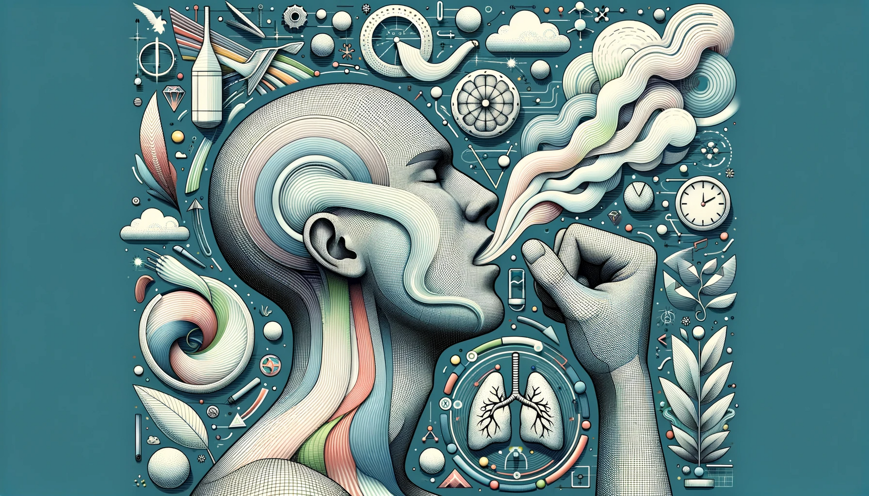 A digital art illustration depicting a person's shift from mouth breathing to nasal breathing, surrounded by symbols of freshness.