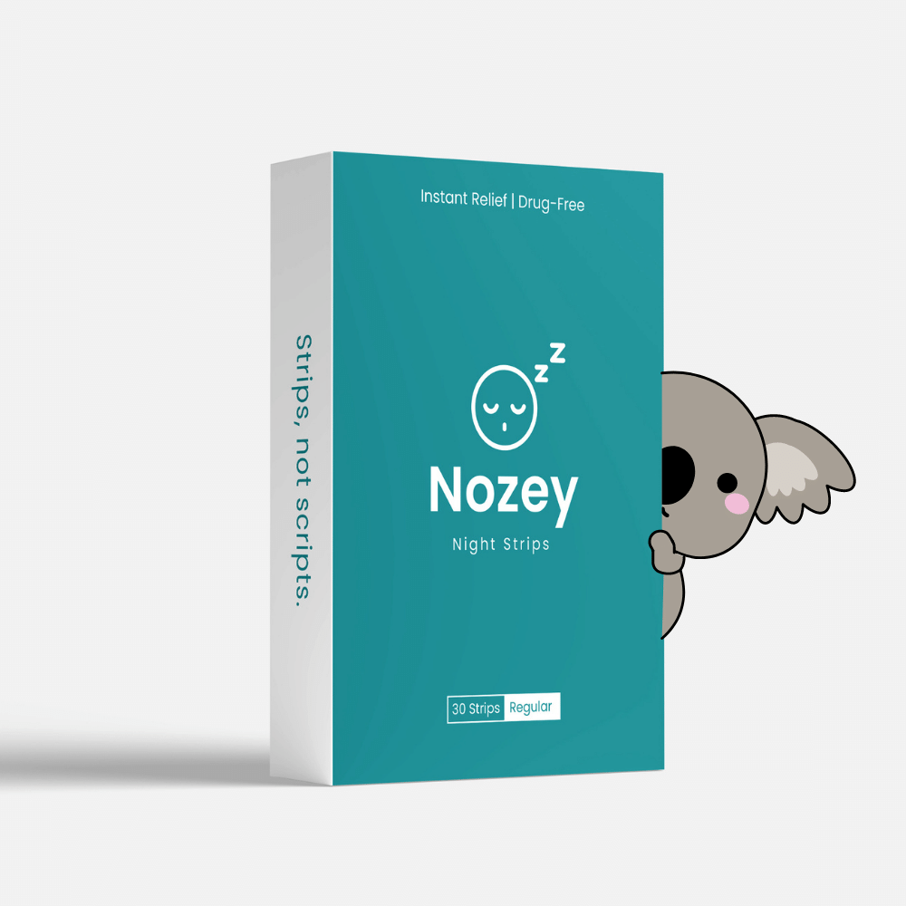 Nozey Night Strips box with a koala peeking out from behind it, symbolizing Nozey's Australian roots.