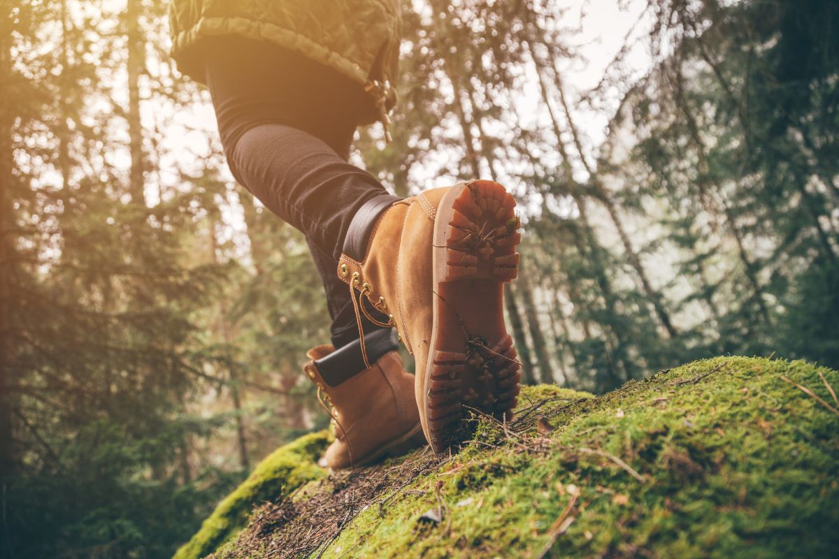 Image of a hiking boot in the wilderness, highlighting the benefits of using Nozey's Active Strips for hiking and trekking. This image emphasizes the importance of being able to breathe easily while engaging in outdoor activities and the benefits of using Active Strips to support nasal breathing during long hikes and treks.