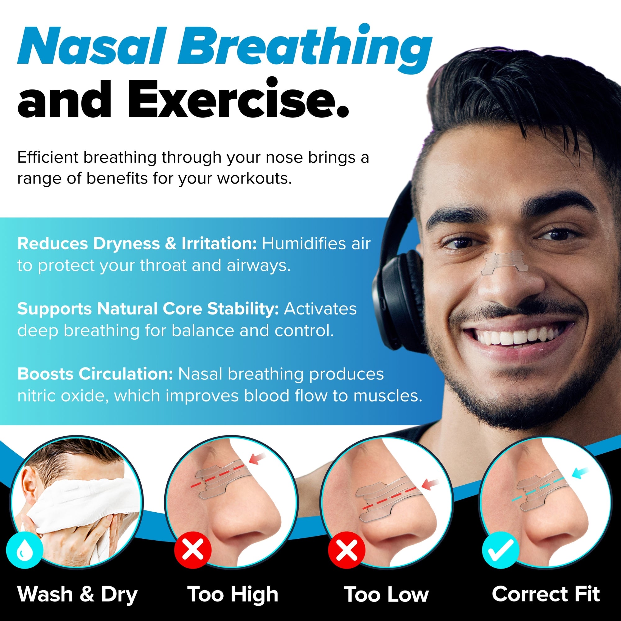 Nasal strips for exercise to improve breathing and airflow during workouts.